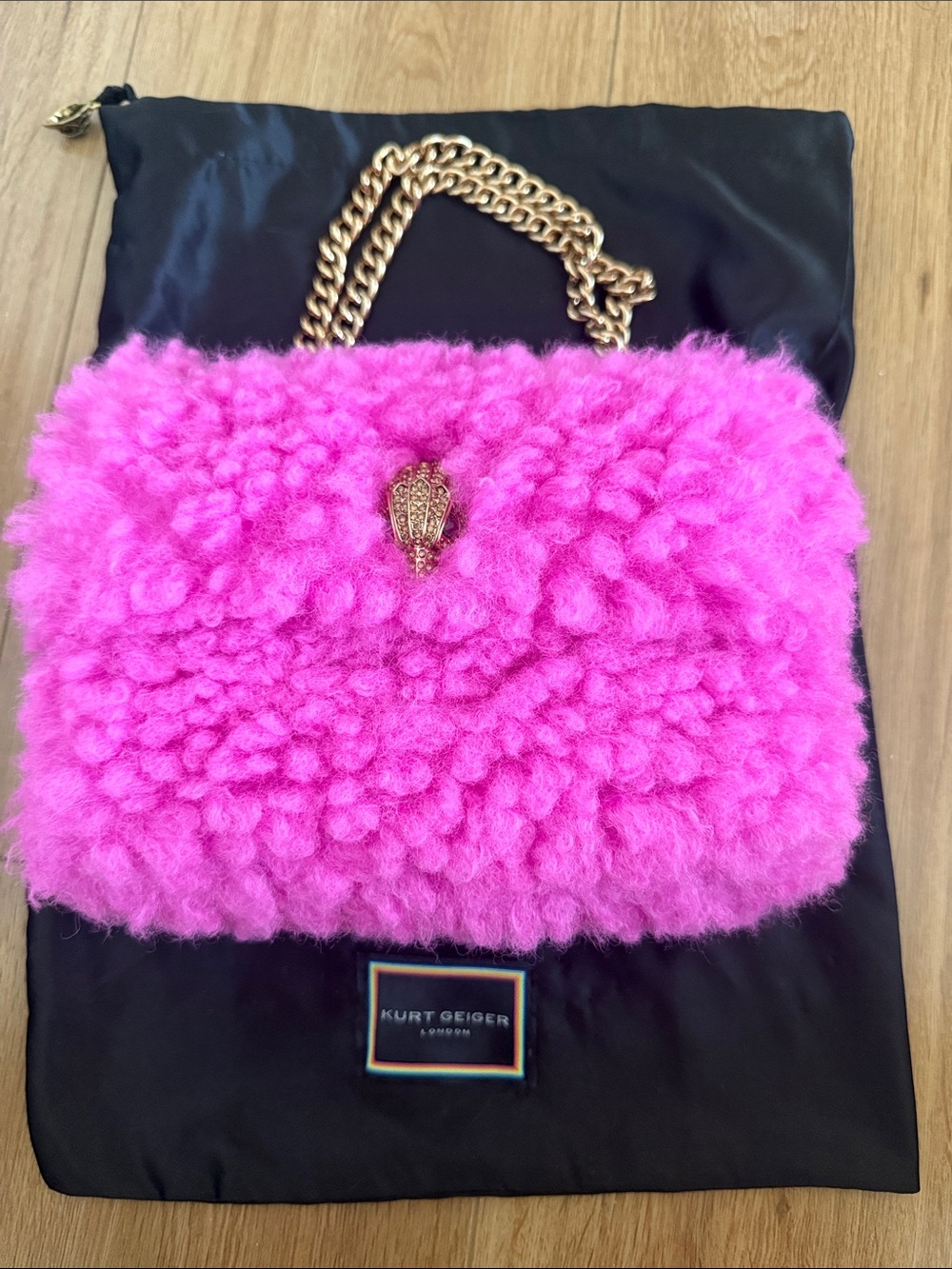 Kurt Geiger Hot Pink Faux Fur Mini Bag with Gold Chain